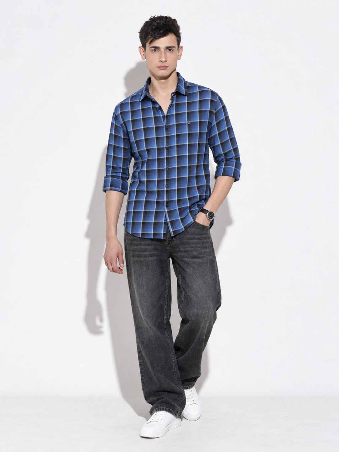 Men’s Checked Blue Slim Fit Long Sleeves Shirt