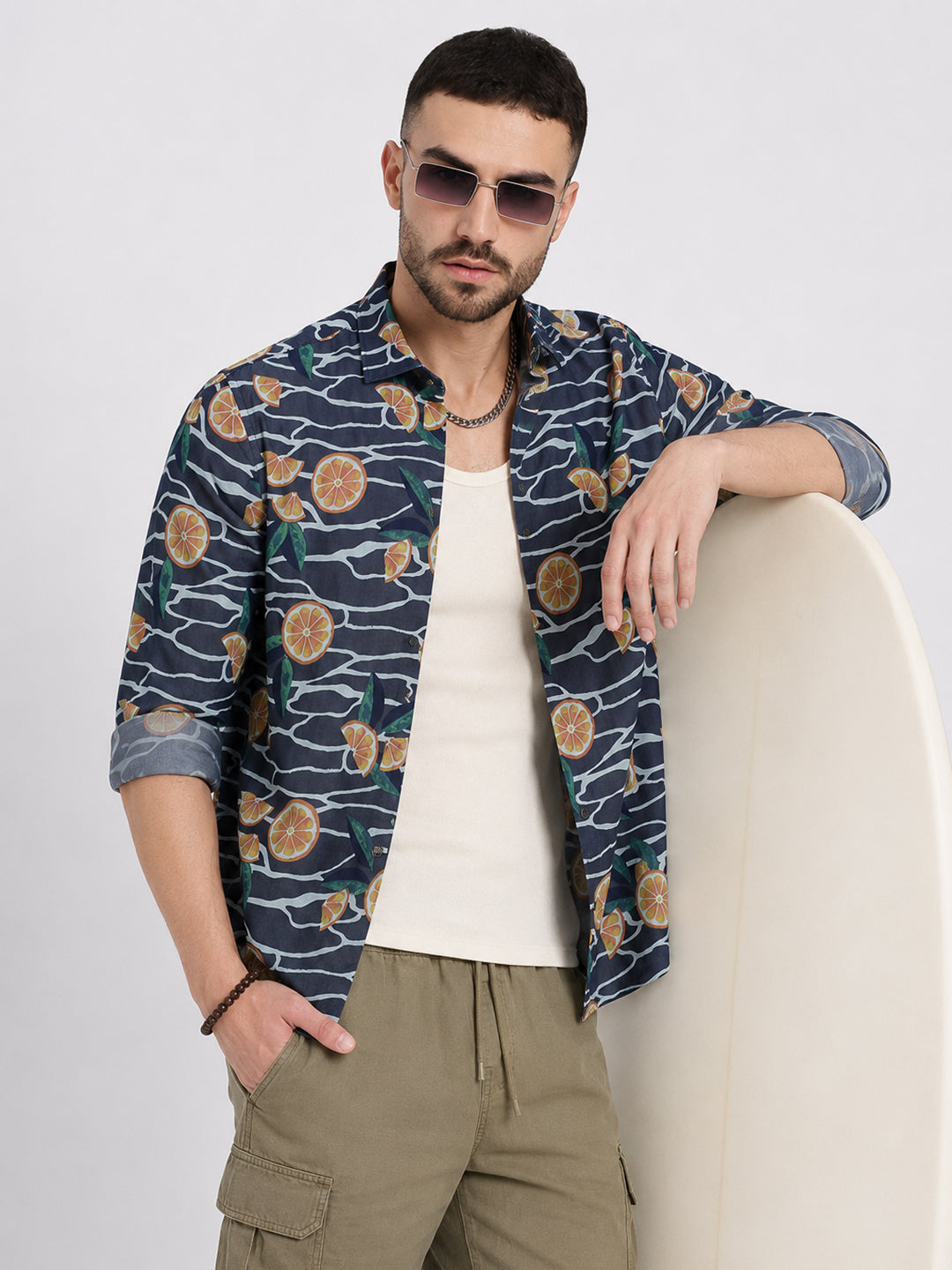 Men’s Graphic Printed Navy Blue Slim Fit Long Sleeves Casual Shirt