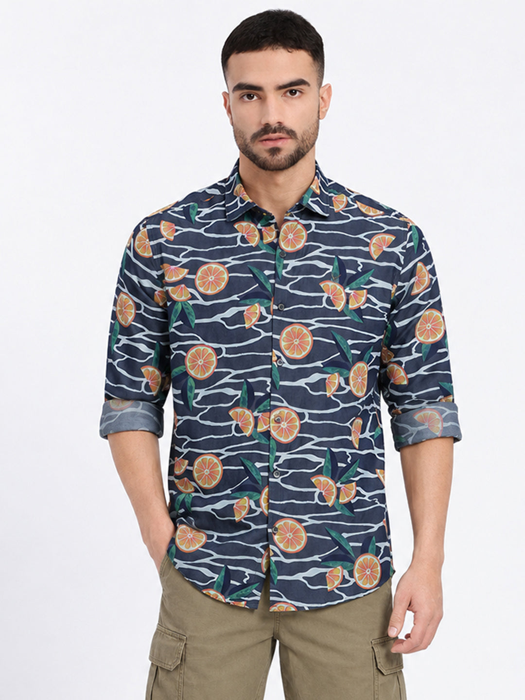 Men’s Graphic Printed Navy Blue Slim Fit Long Sleeves Casual Shirt