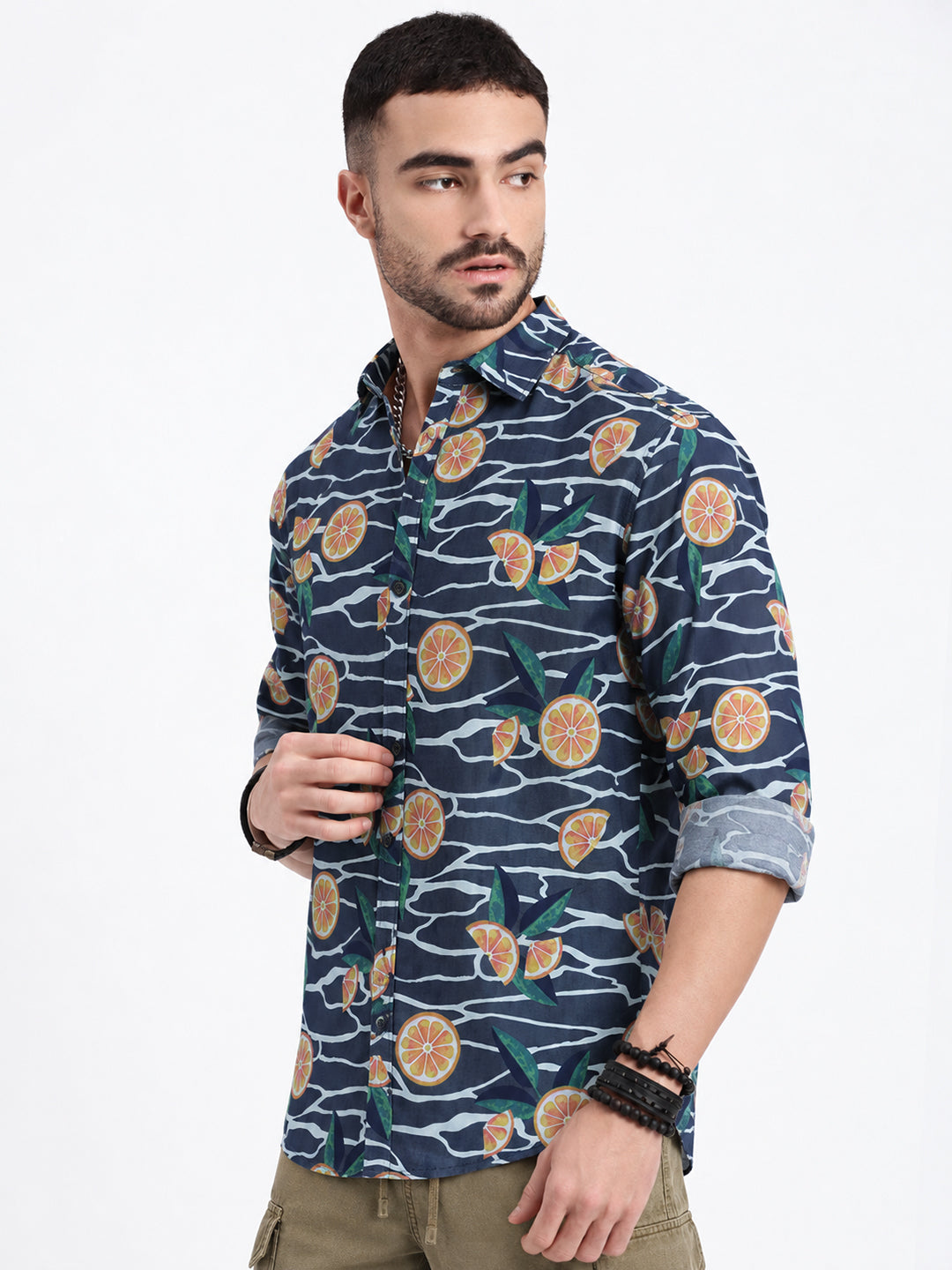 Men’s Graphic Printed Navy Blue Slim Fit Long Sleeves Casual Shirt