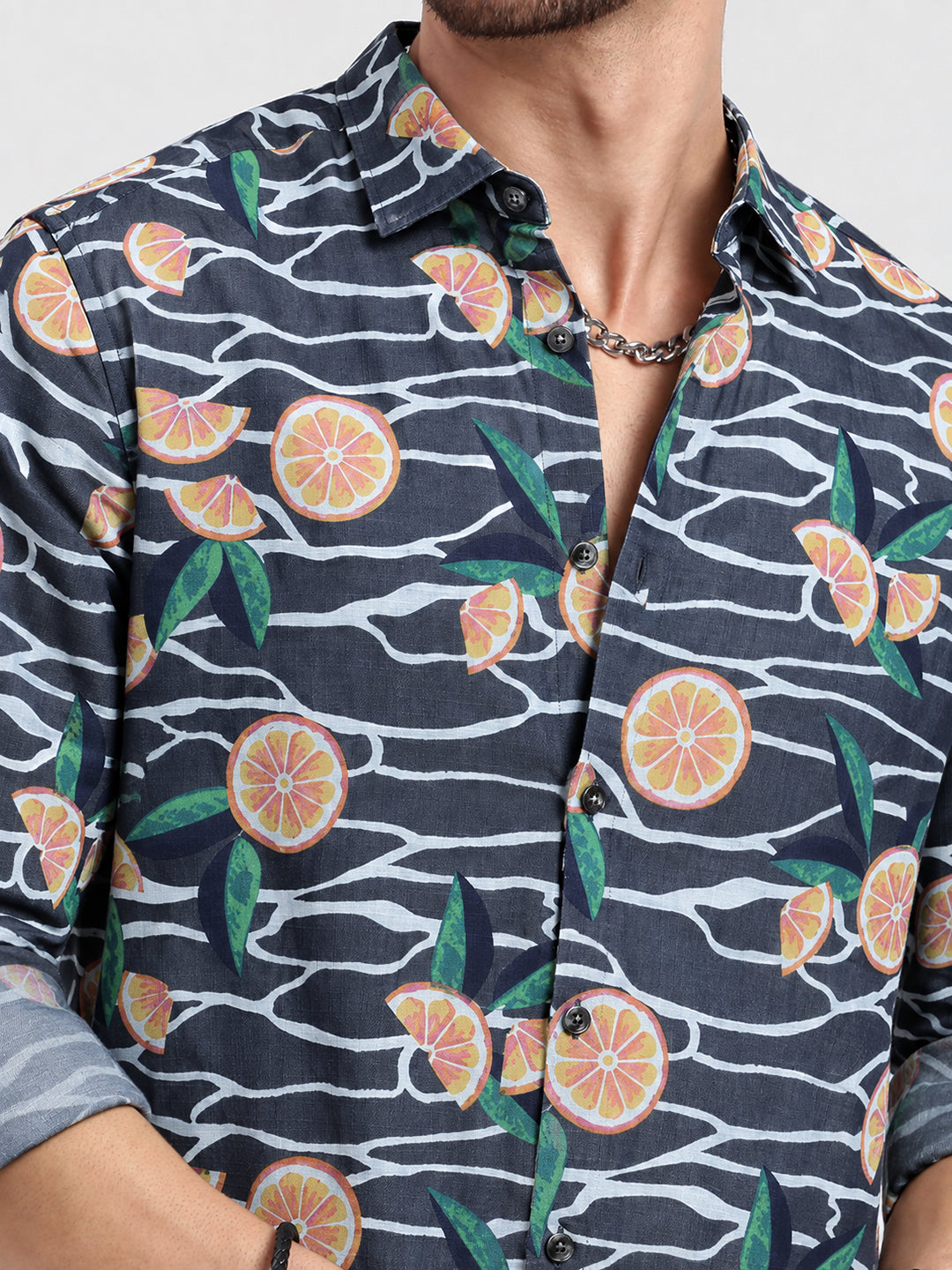 Men’s Graphic Printed Navy Blue Slim Fit Long Sleeves Casual Shirt