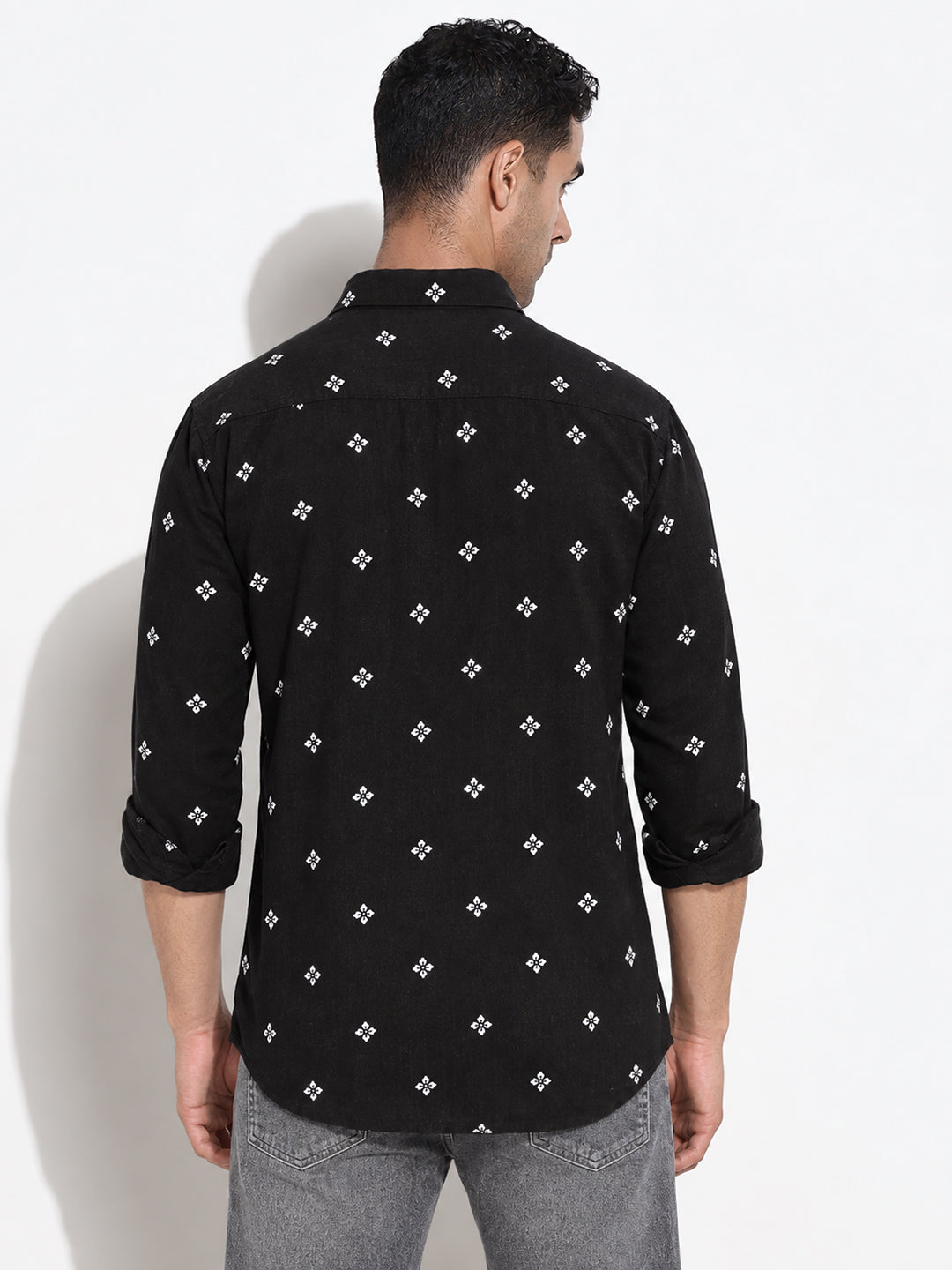 Men’s Floral Printed Black Long Sleeves Casual Shirt