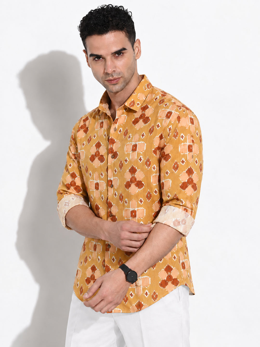 Men’s Printed Mustard Long Sleeves Casual Shirt