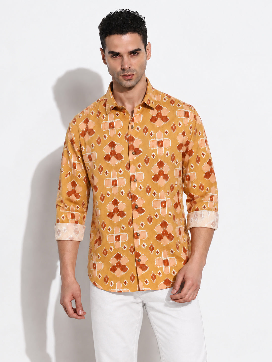 Men’s Printed Mustard Long Sleeves Casual Shirt