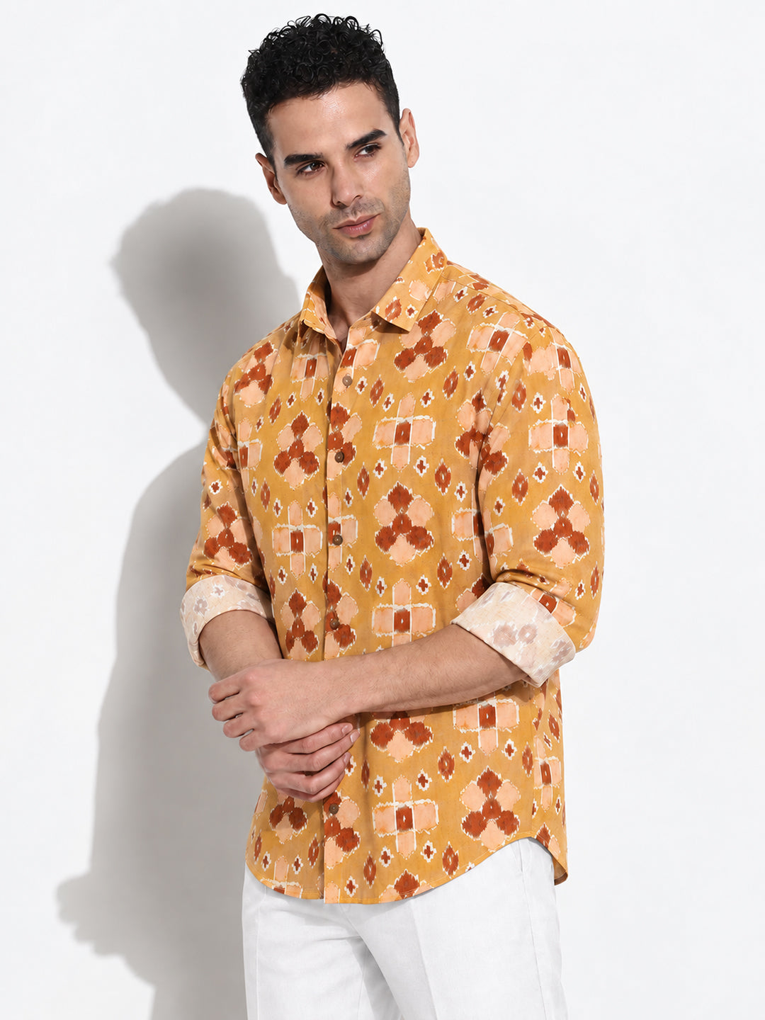 Men’s Printed Mustard Long Sleeves Casual Shirt