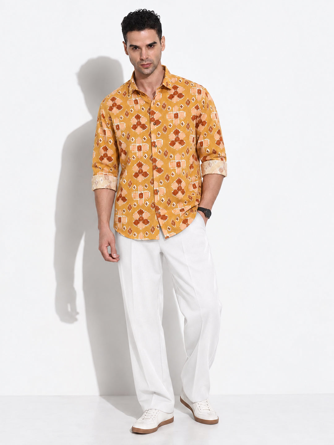Men’s Printed Mustard Long Sleeves Casual Shirt
