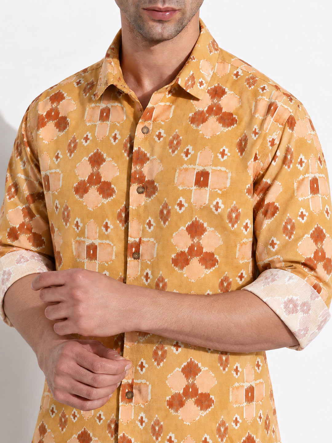 Men’s Printed Mustard Long Sleeves Casual Shirt