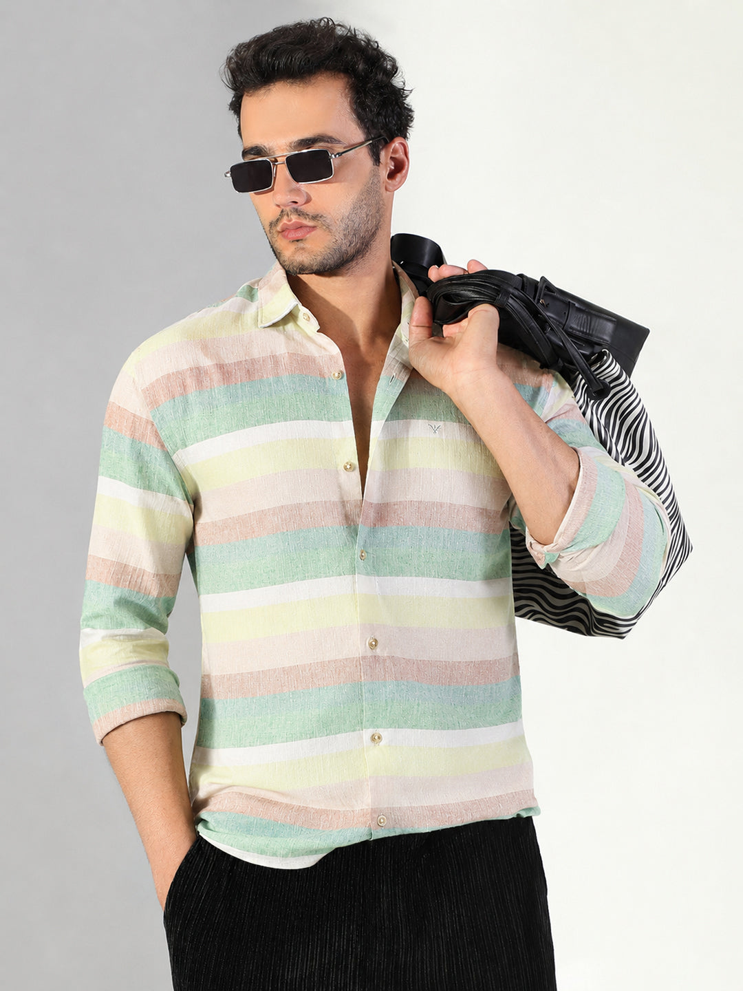 Men’s Striped Green Slim Fit Long Sleeves Shirt