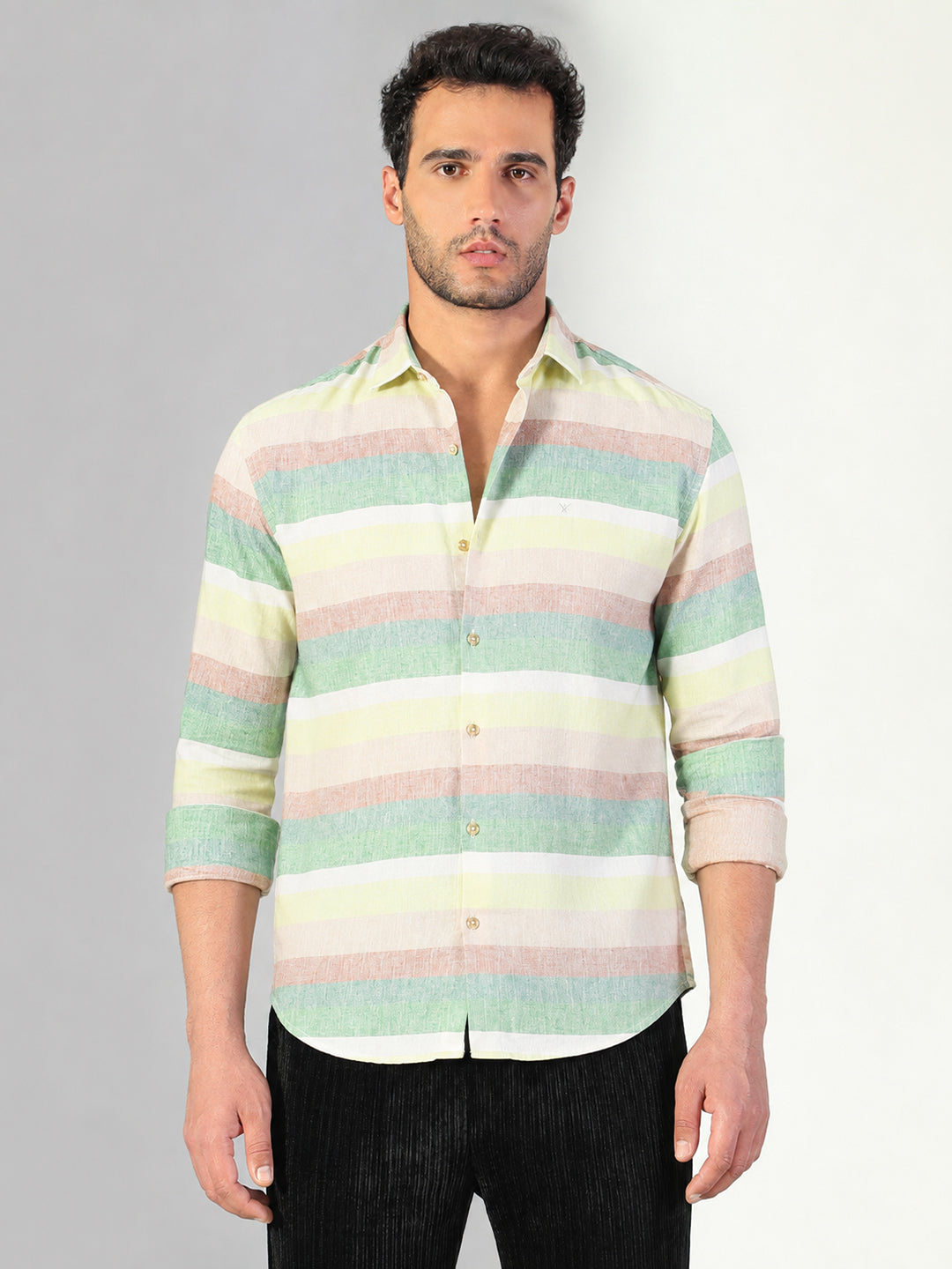 Men’s Striped Green Slim Fit Long Sleeves Shirt