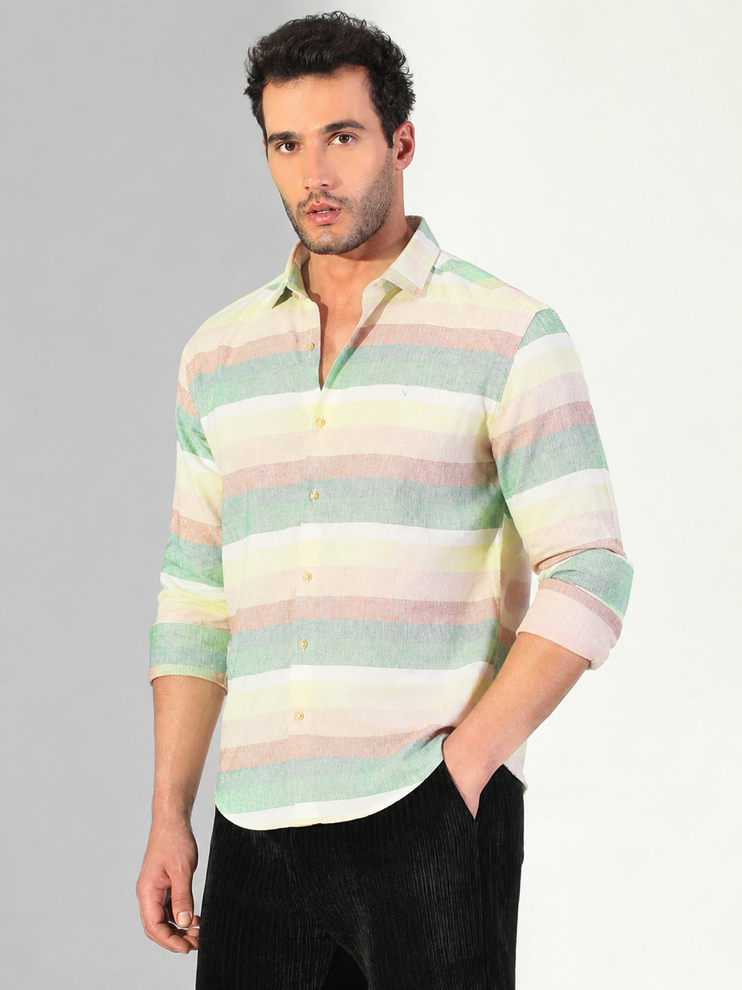 Men’s Striped Green Slim Fit Long Sleeves Shirt
