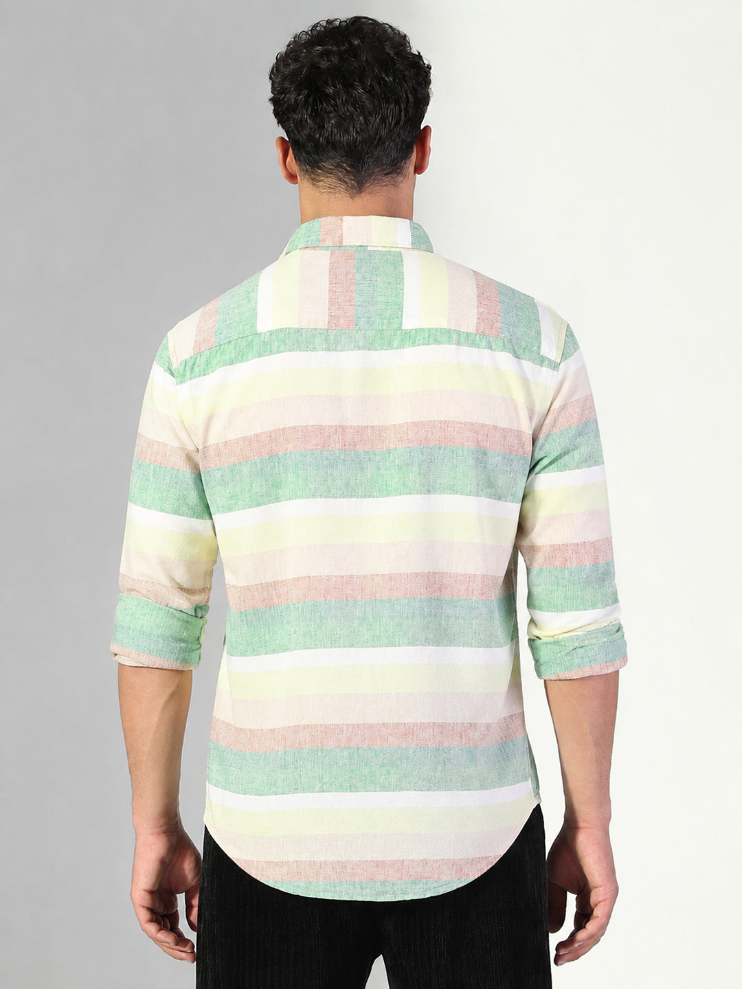 Men’s Striped Green Slim Fit Long Sleeves Shirt