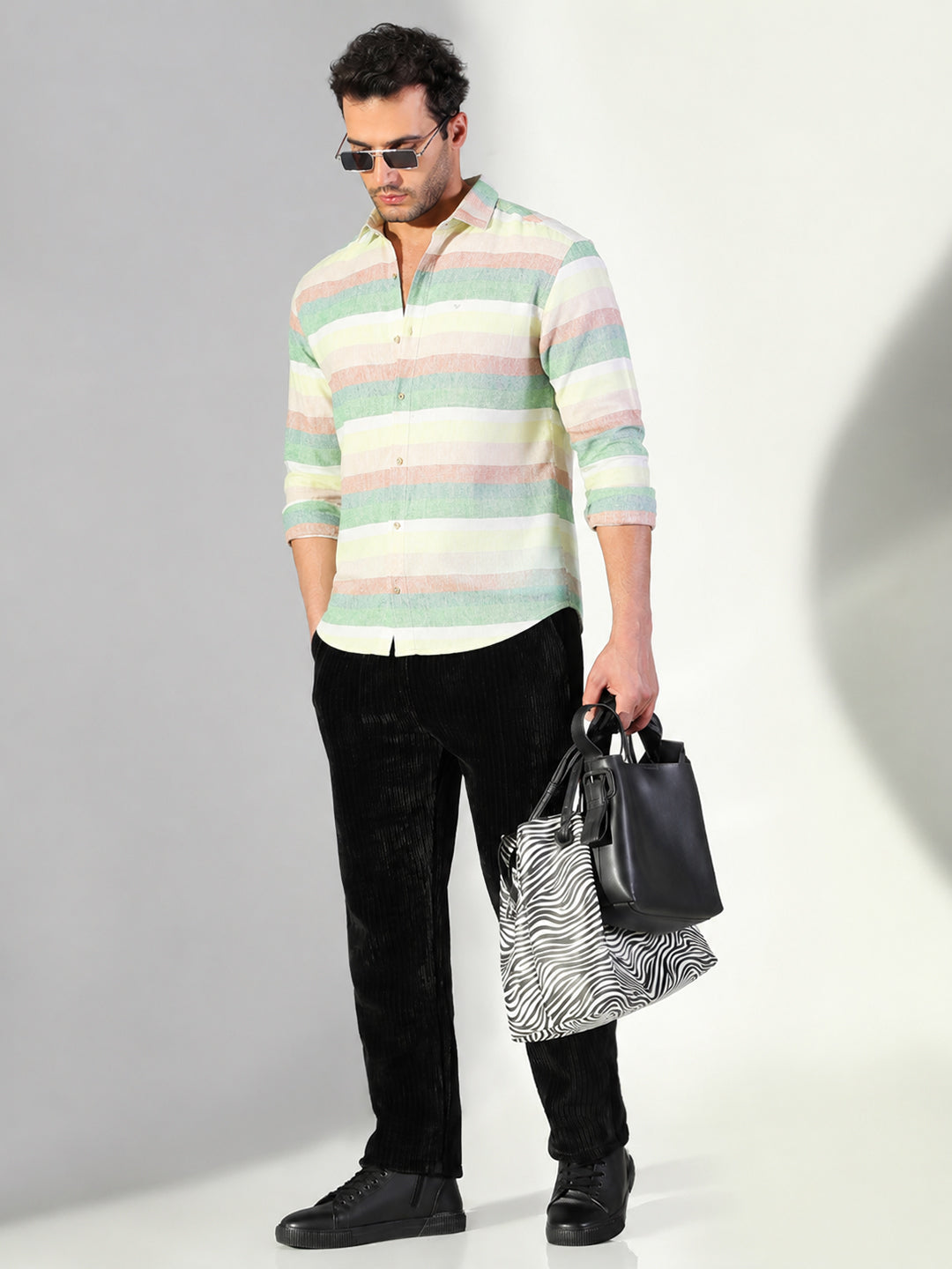 Men’s Striped Green Slim Fit Long Sleeves Shirt