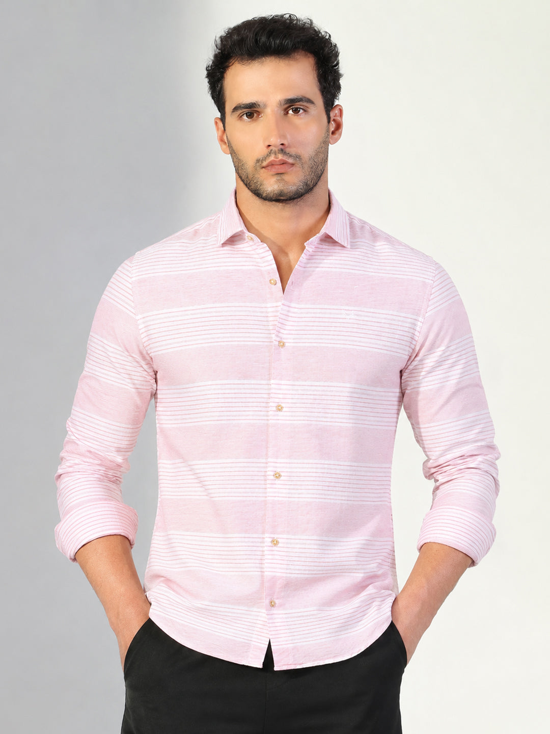 Men’s Striped Pink Slim Fit Long Sleeves Shirt with Spread Collar