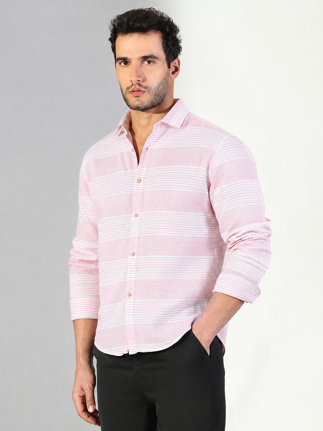Men’s Striped Pink Slim Fit Long Sleeves Shirt with Spread Collar