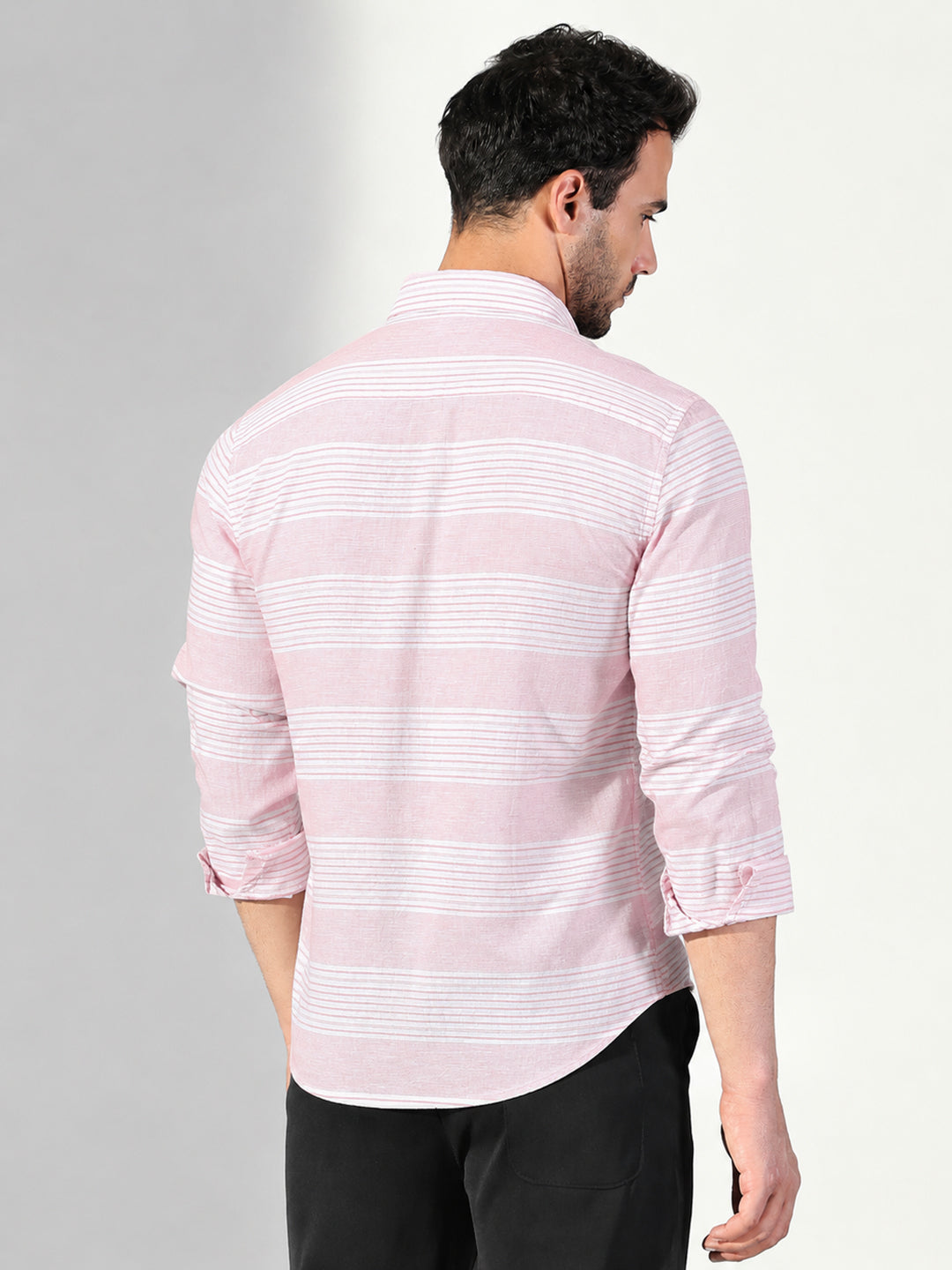 Men’s Striped Pink Slim Fit Long Sleeves Shirt with Spread Collar