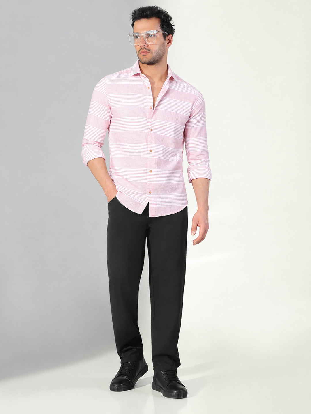 Men’s Striped Pink Slim Fit Long Sleeves Shirt with Spread Collar
