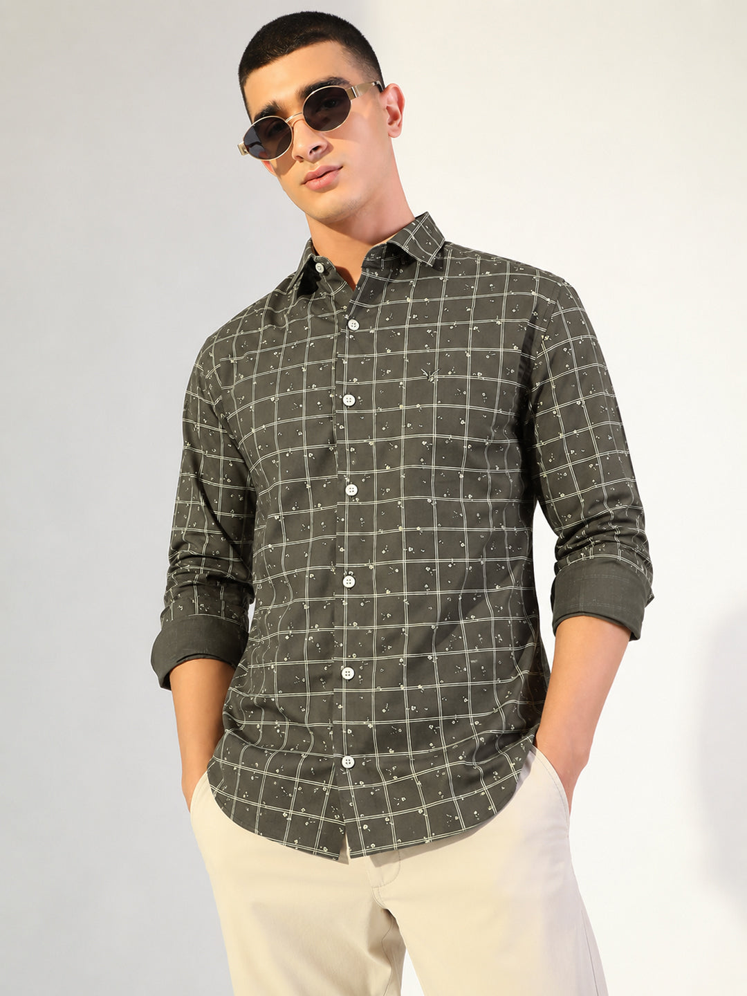 Men’s Windowpane Checked Olive Long Sleeves Slim Fit Shirt