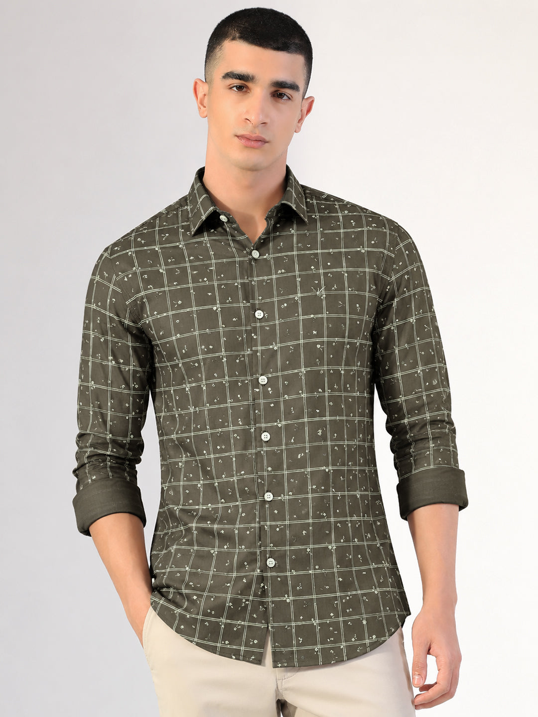 Men’s Windowpane Checked Olive Long Sleeves Slim Fit Shirt