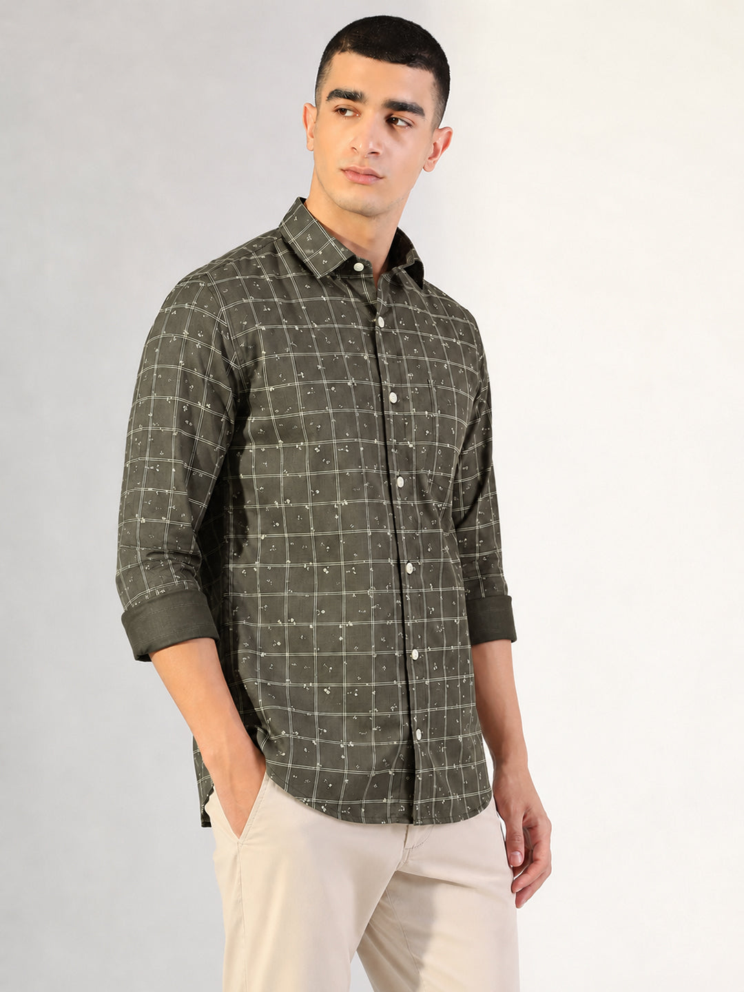 Men’s Windowpane Checked Olive Long Sleeves Slim Fit Shirt