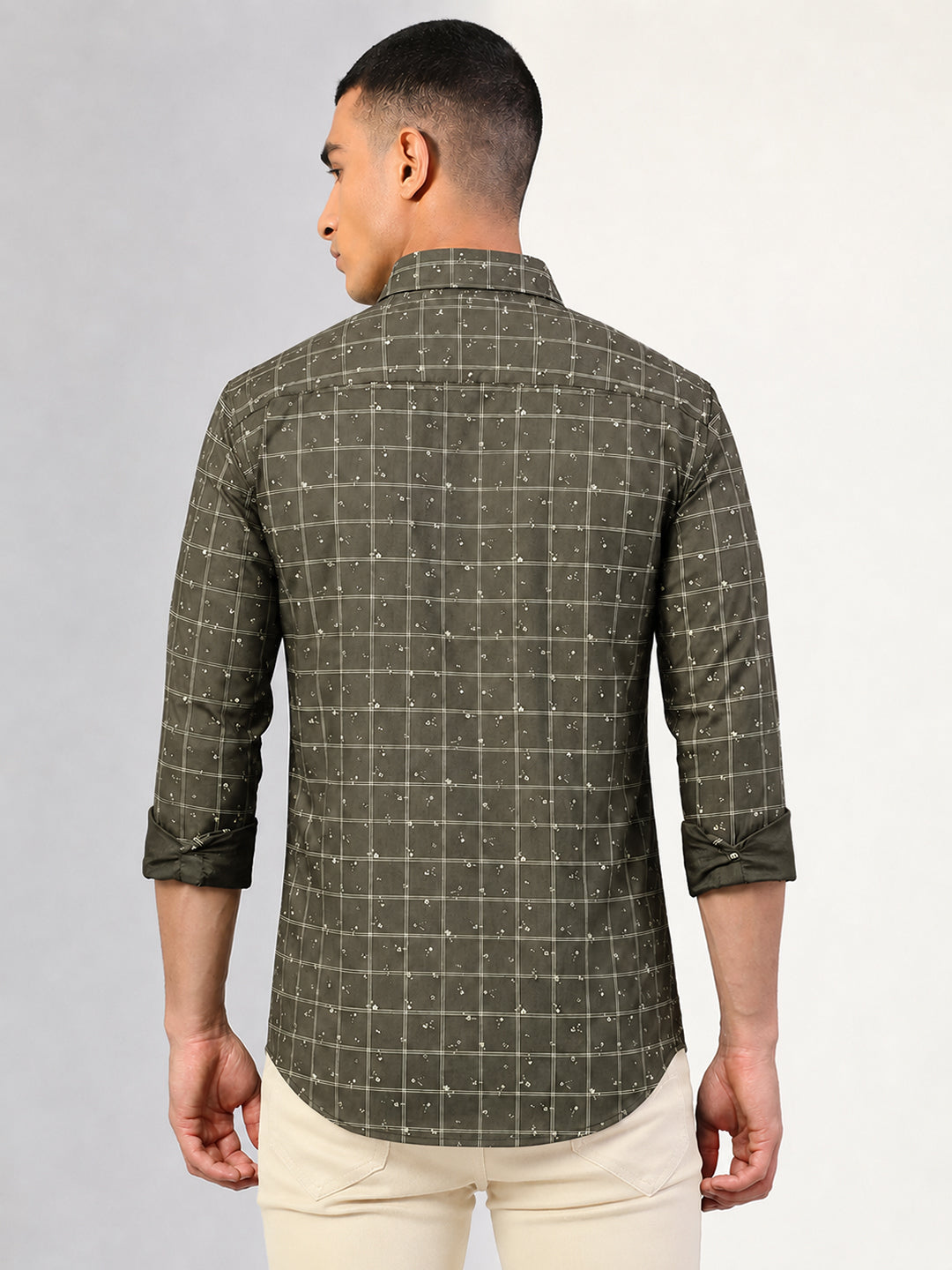 Men’s Windowpane Checked Olive Long Sleeves Slim Fit Shirt