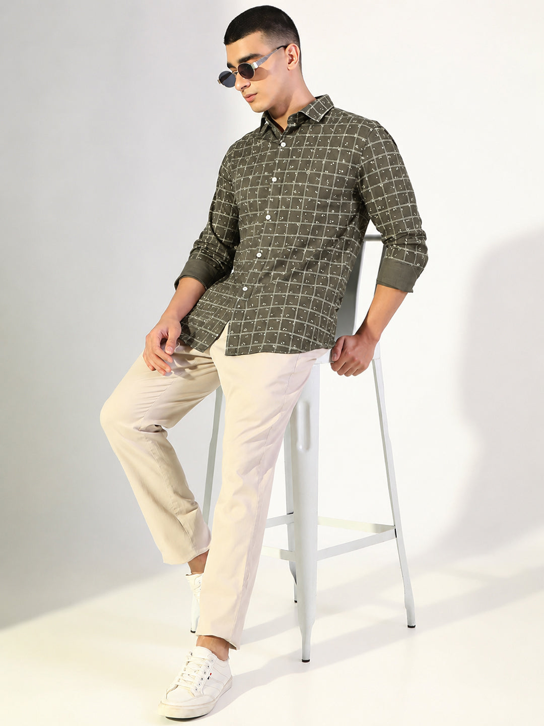 Men’s Windowpane Checked Olive Long Sleeves Slim Fit Shirt