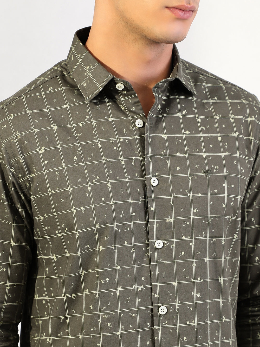 Men’s Windowpane Checked Olive Long Sleeves Slim Fit Shirt