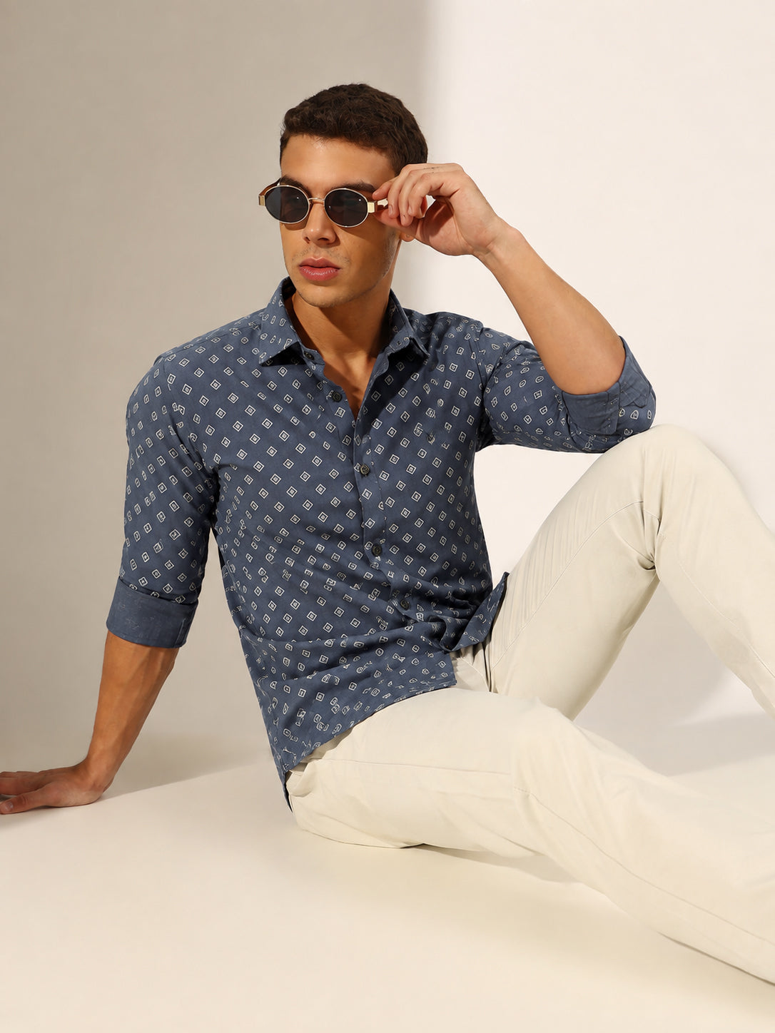 Men’s Geometric Printed Blue Slim Fit Long Sleeves Shirt with Spread Collar