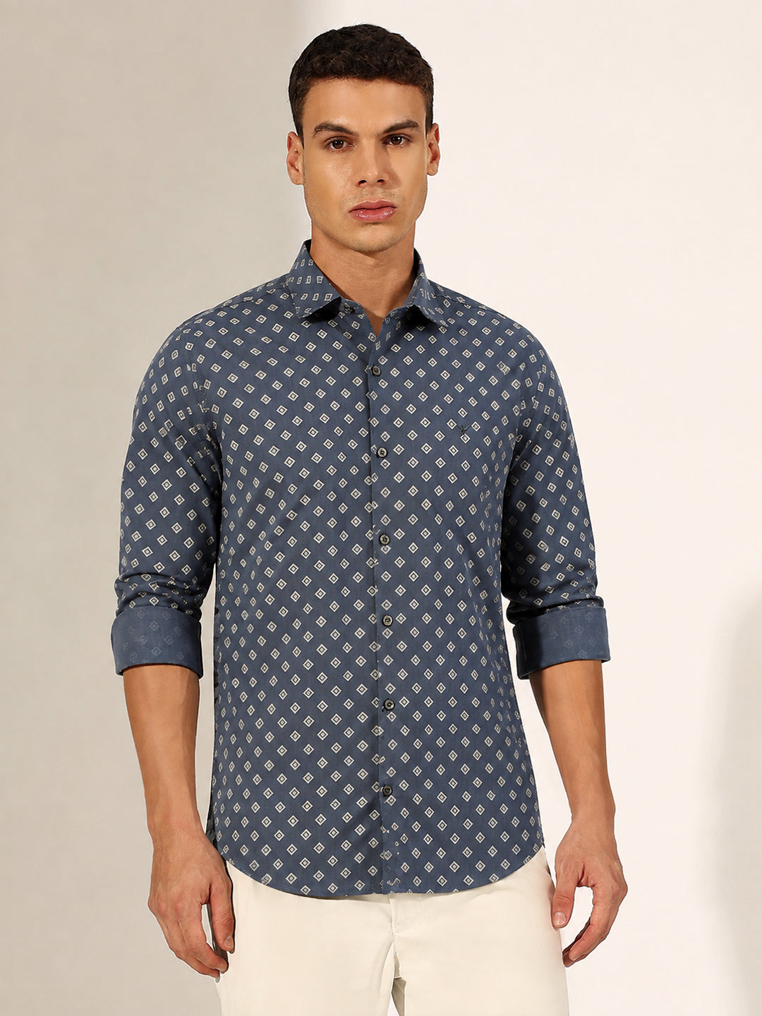 Men’s Geometric Printed Blue Slim Fit Long Sleeves Shirt with Spread Collar