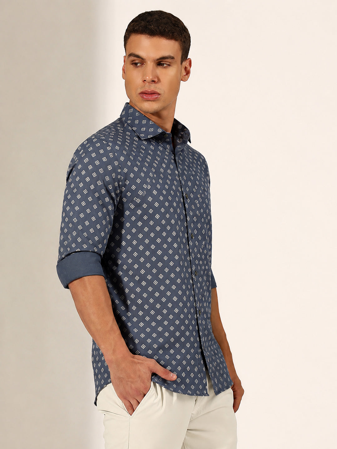 Men’s Geometric Printed Blue Slim Fit Long Sleeves Shirt with Spread Collar