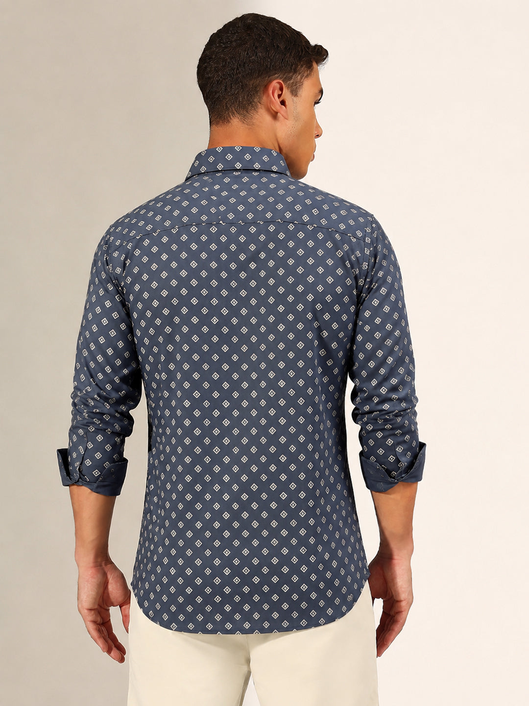 Men’s Geometric Printed Blue Slim Fit Long Sleeves Shirt with Spread Collar