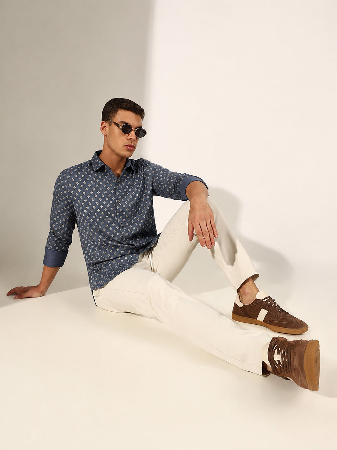 Men’s Geometric Printed Blue Slim Fit Long Sleeves Shirt with Spread Collar
