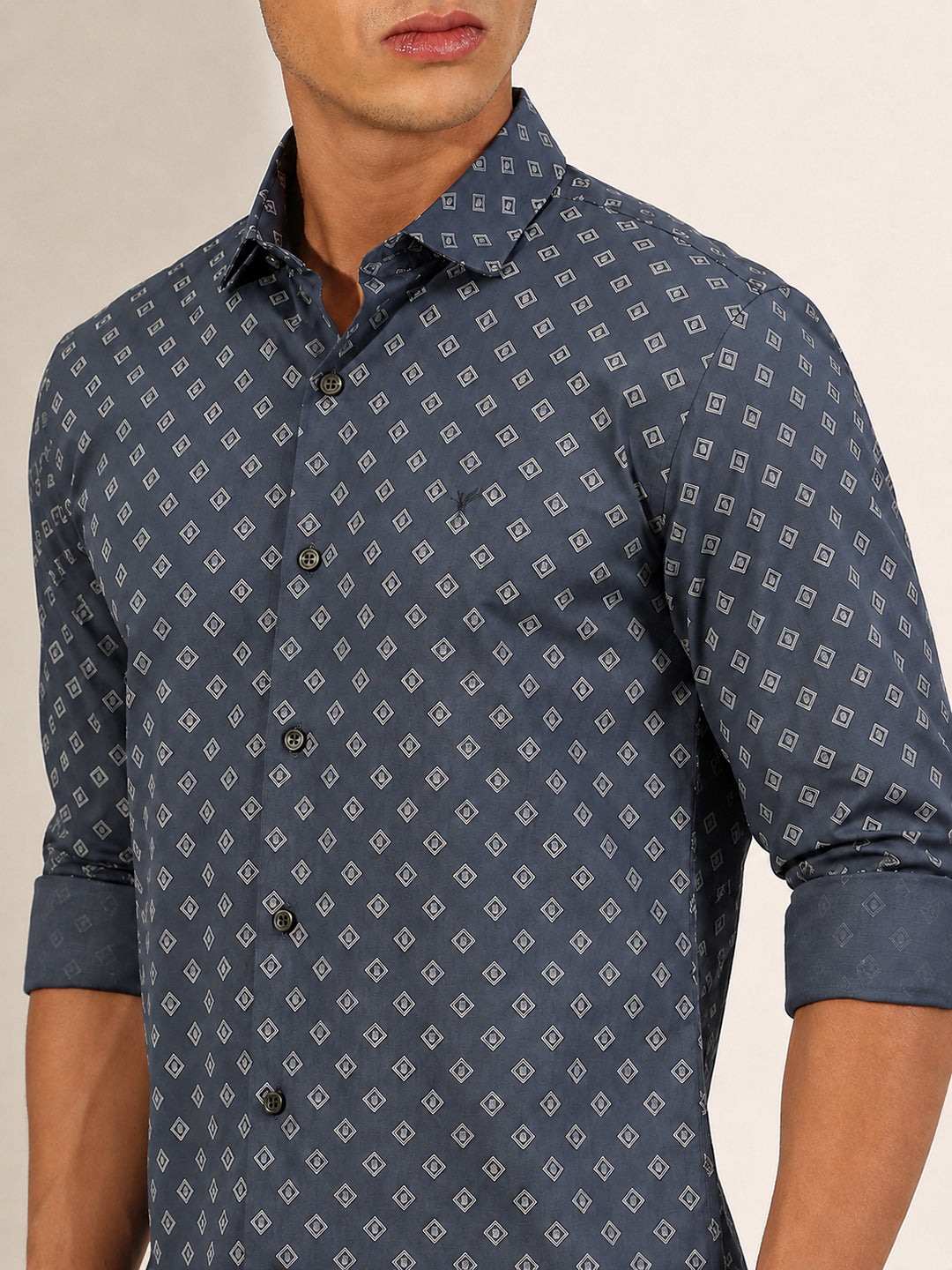 Men’s Geometric Printed Blue Slim Fit Long Sleeves Shirt with Spread Collar