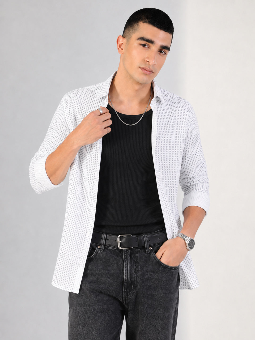 Men’s Micro Printed White Slim Fit Long Sleeves Shirt with Spread Collar