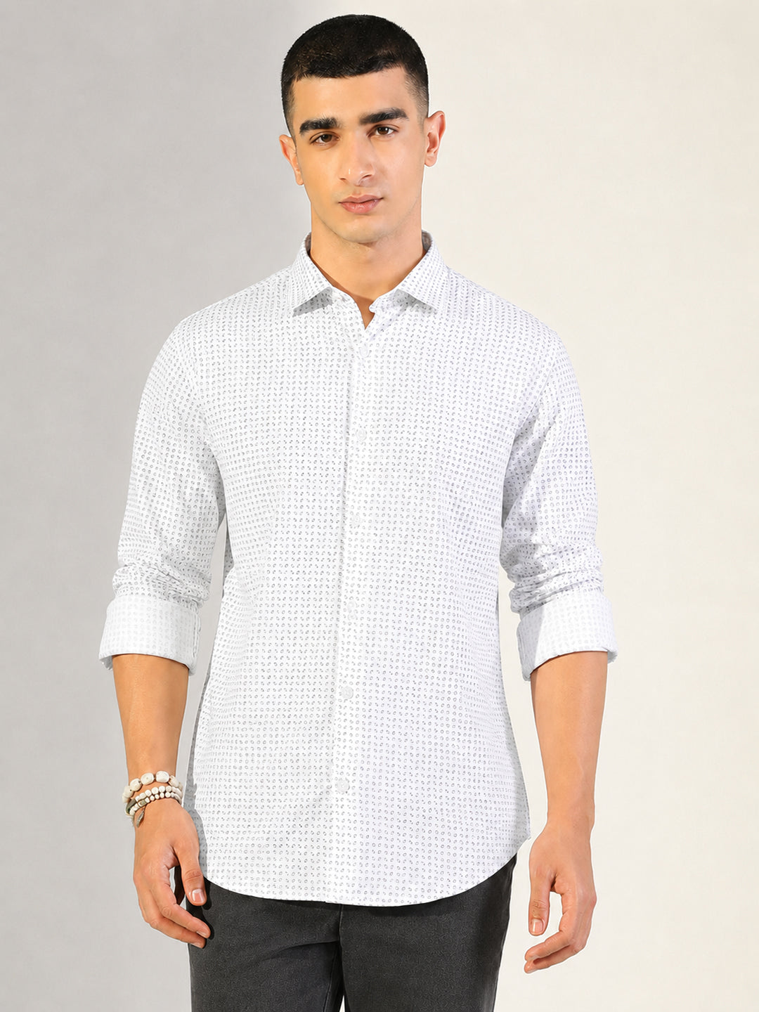Men’s Micro Printed White Slim Fit Long Sleeves Shirt with Spread Collar