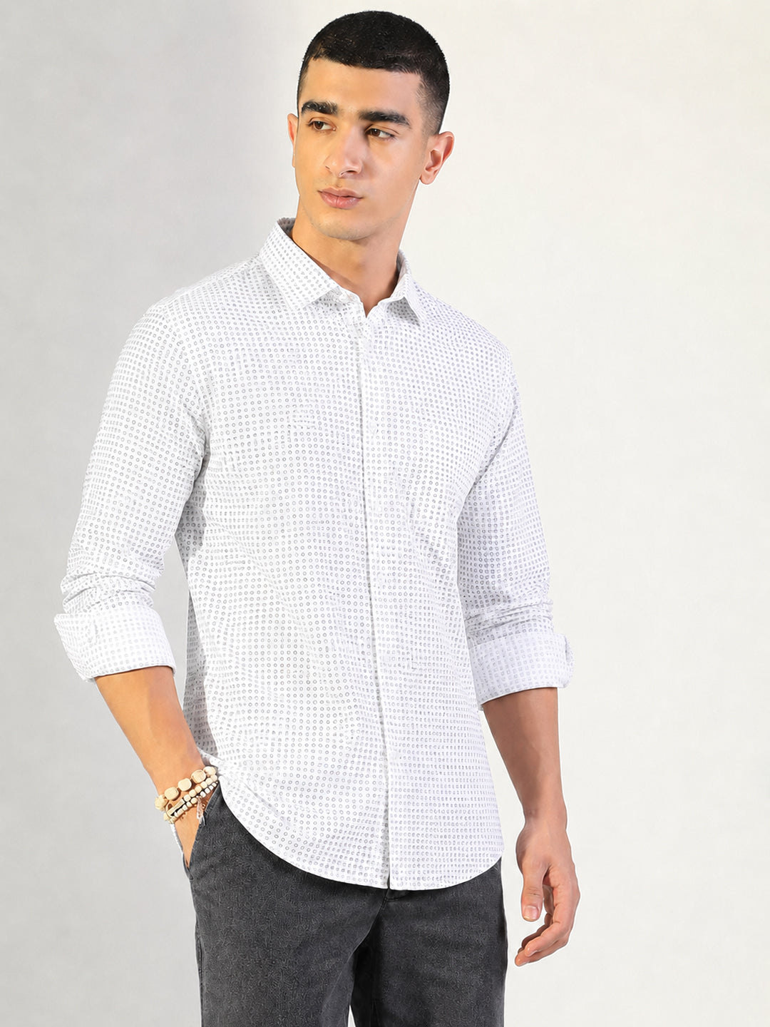 Men’s Micro Printed White Slim Fit Long Sleeves Shirt with Spread Collar