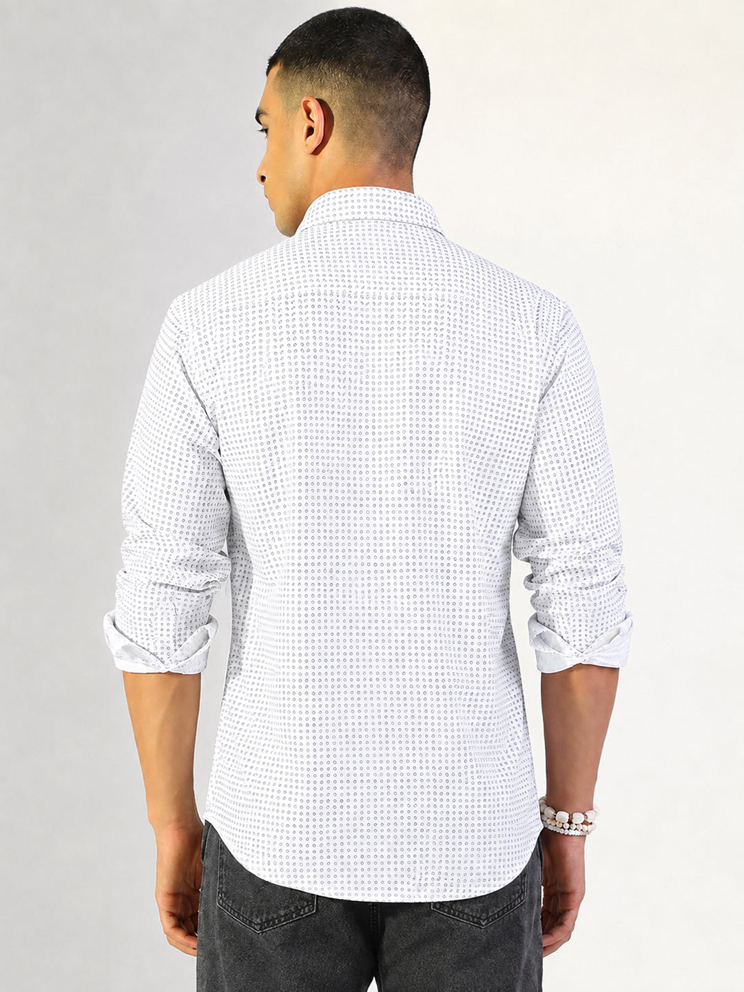 Men’s Micro Printed White Slim Fit Long Sleeves Shirt with Spread Collar