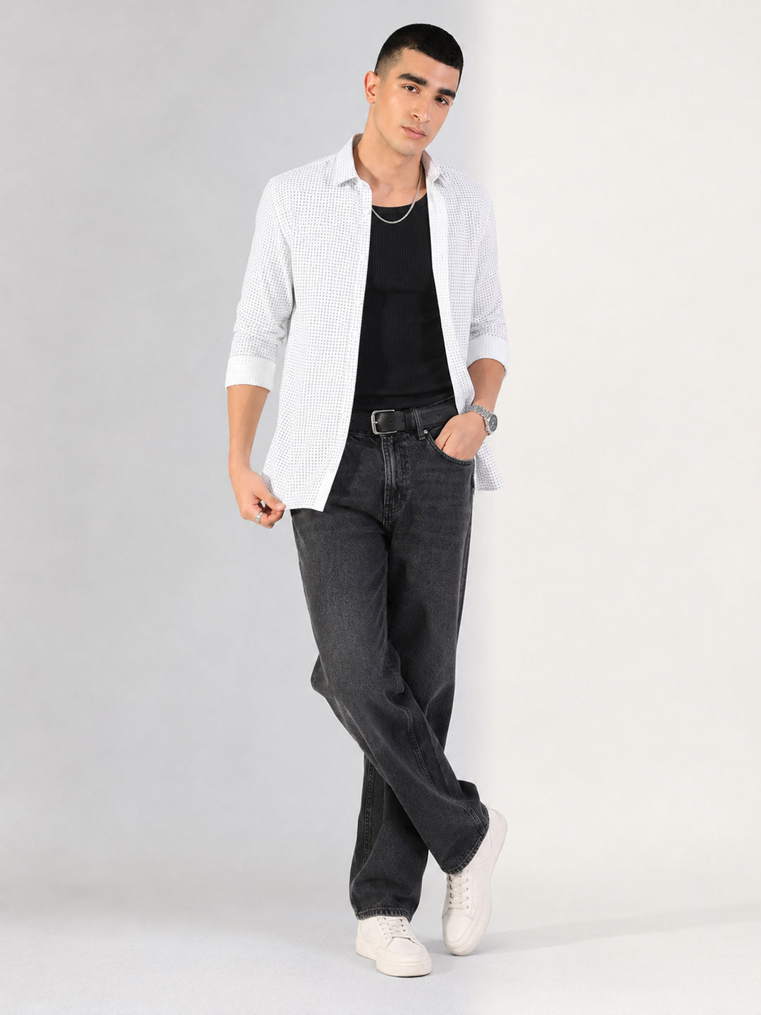 Men’s Micro Printed White Slim Fit Long Sleeves Shirt with Spread Collar