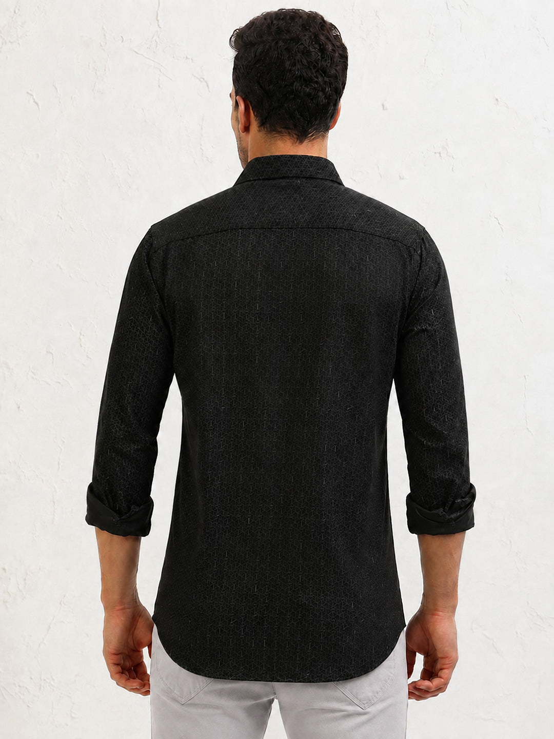 Men’s Printed Black Slim Fit Long Sleeves Shirt with Spread Collar