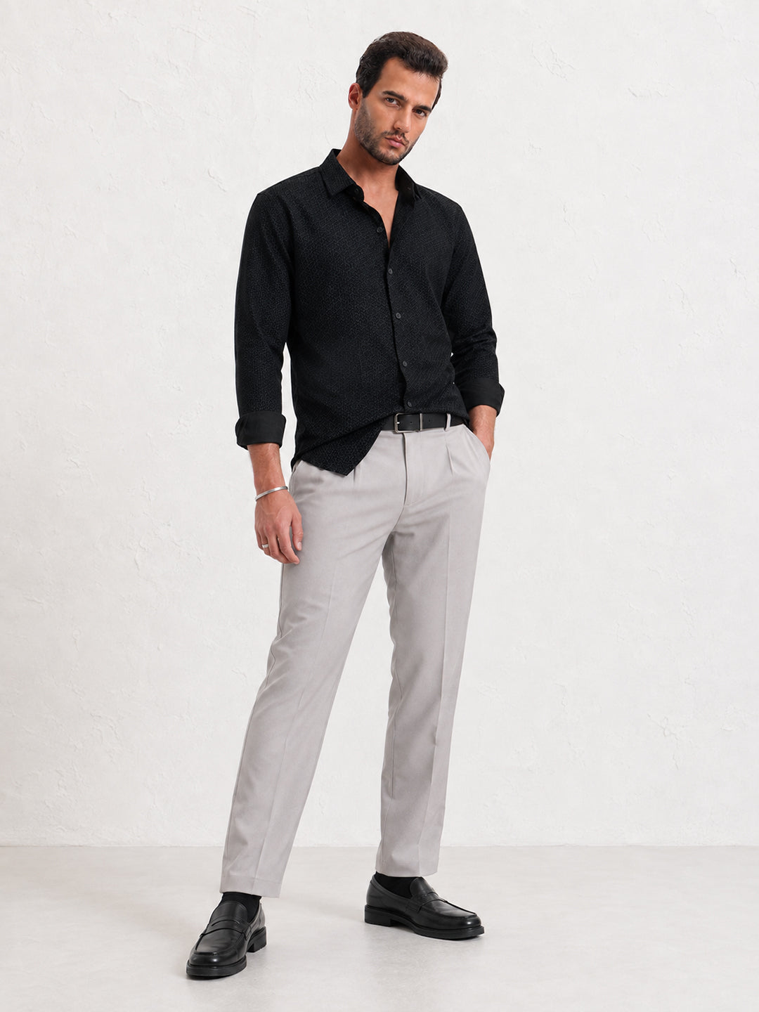 Men’s Printed Black Slim Fit Long Sleeves Shirt with Spread Collar