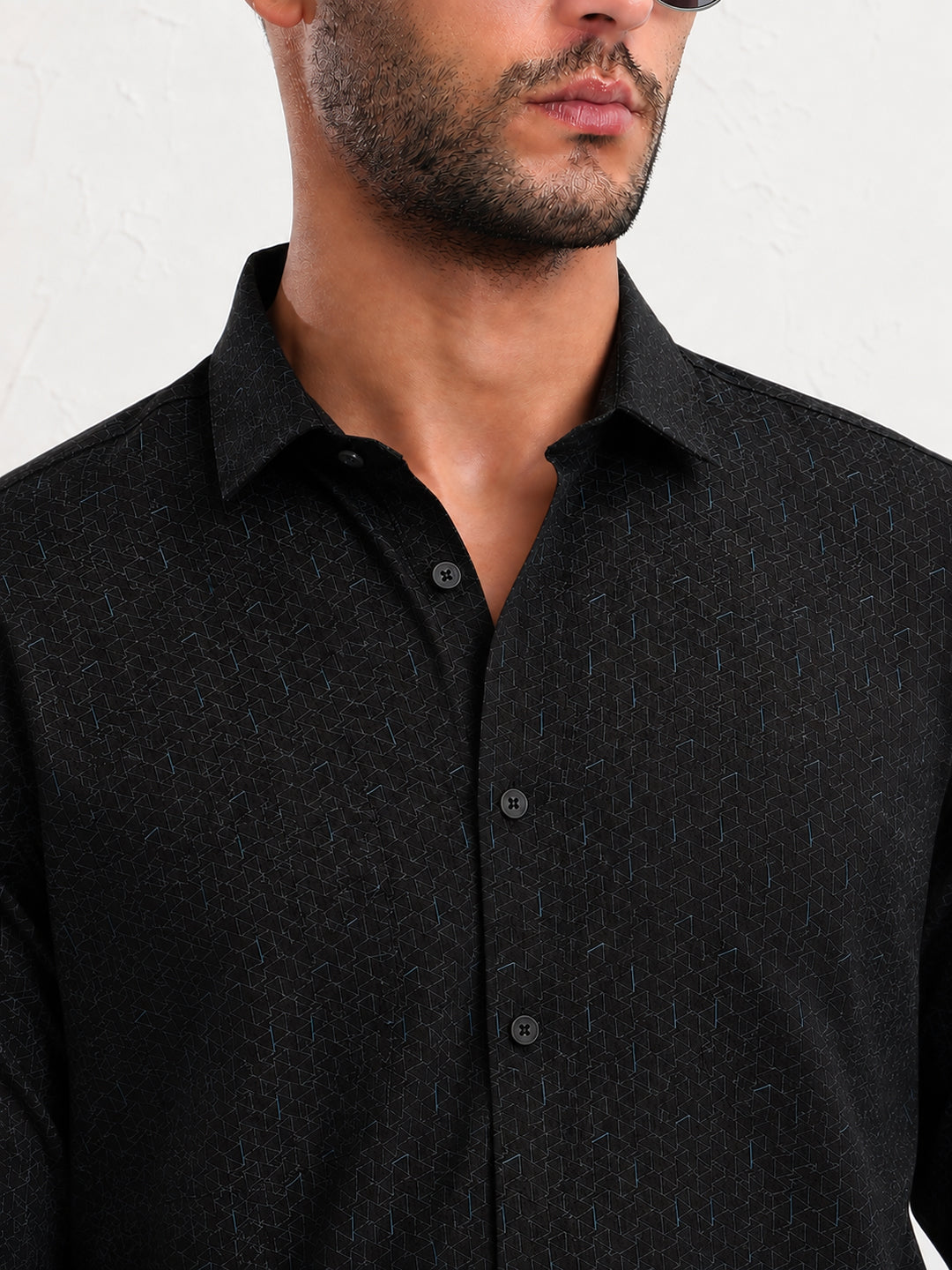 Men’s Printed Black Slim Fit Long Sleeves Shirt with Spread Collar