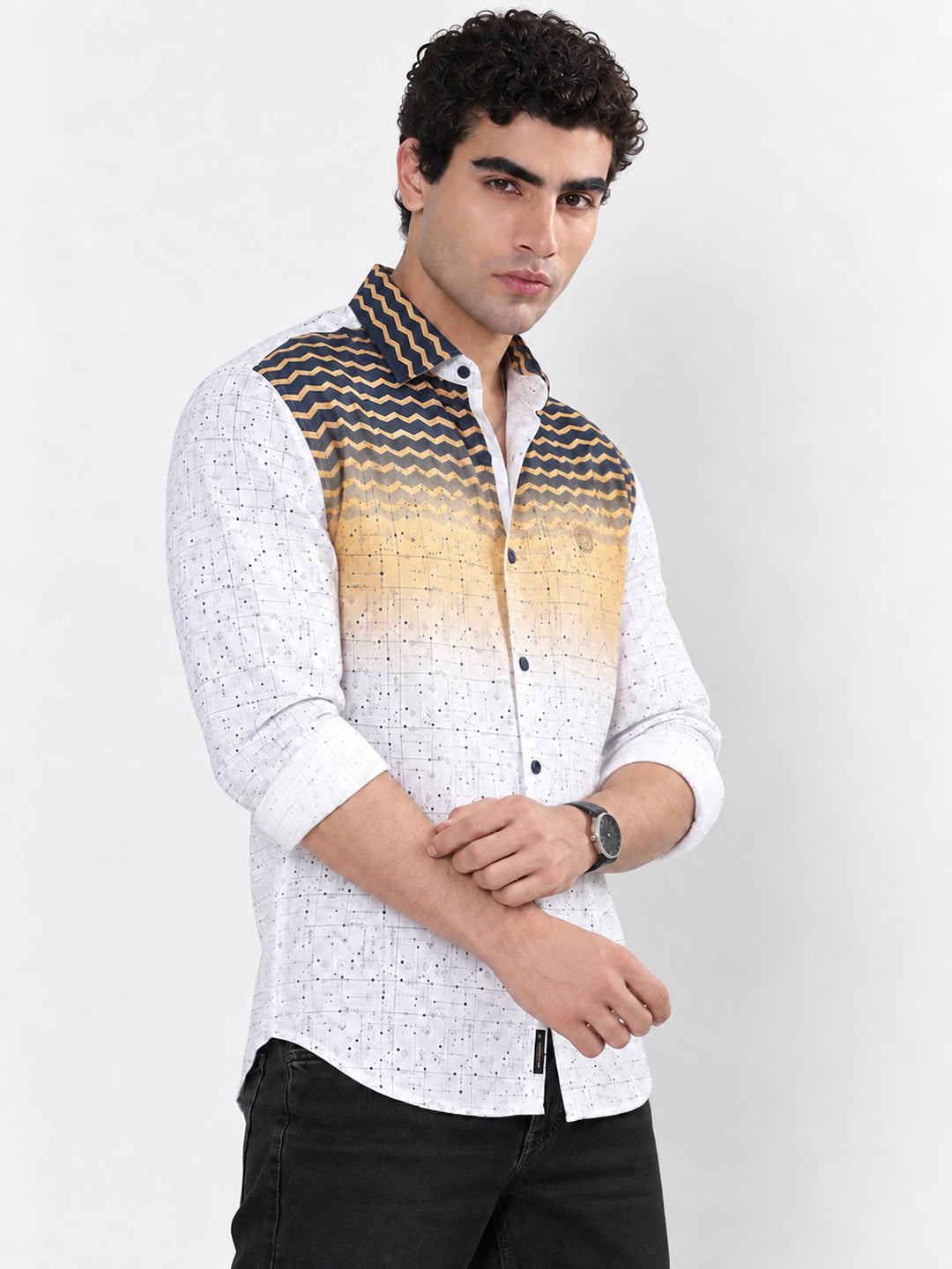 Men’s Printed White Slim Fit Long Sleeves Shirt