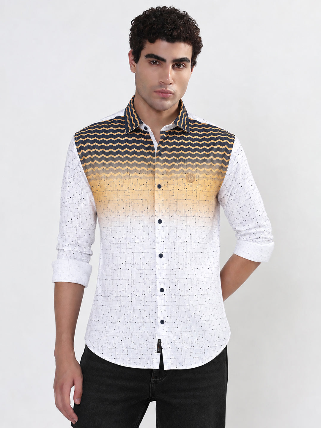 Men’s Printed White Slim Fit Long Sleeves Shirt
