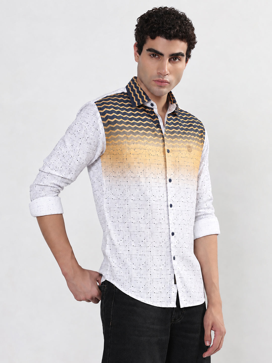 Men’s Printed White Slim Fit Long Sleeves Shirt