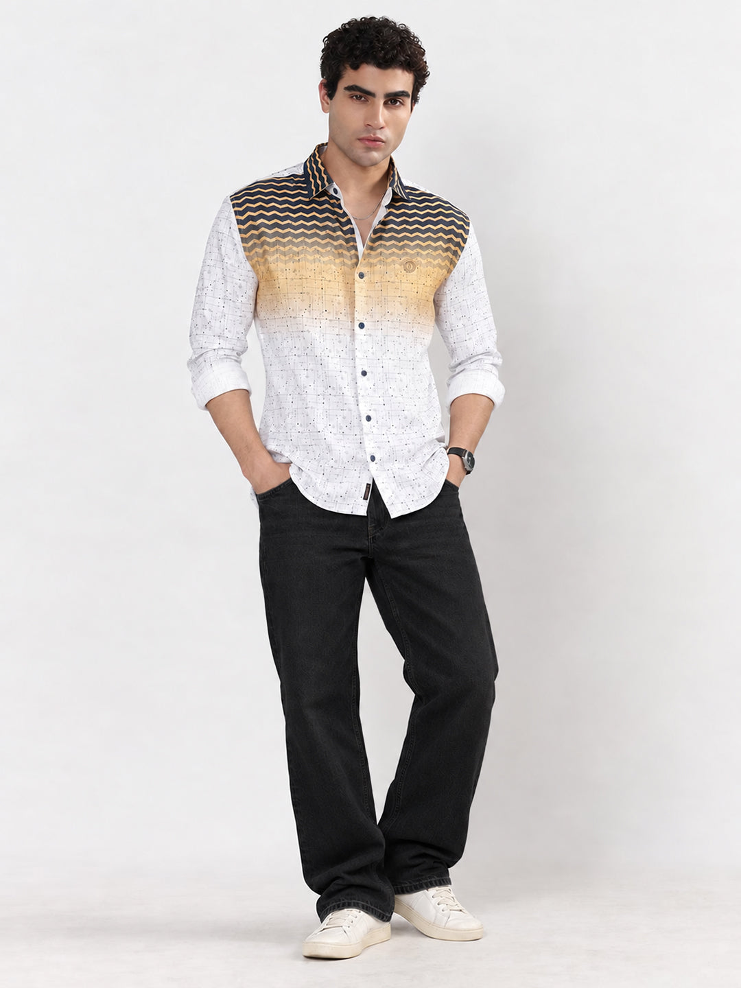 Men’s Printed White Slim Fit Long Sleeves Shirt