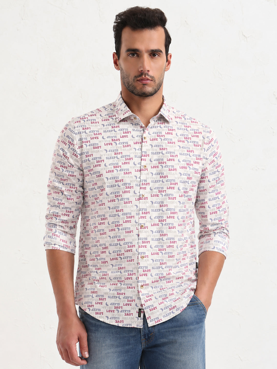 Men’s Pink Typographic Printed Slim Fit Long Sleeves Shirt with Spread Collar