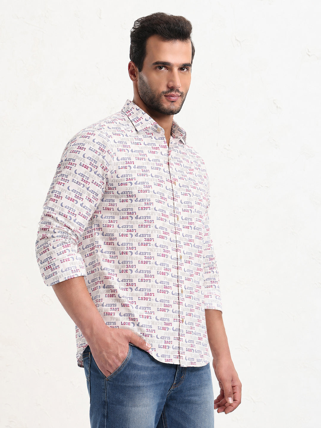 Men’s Pink Typographic Printed Slim Fit Long Sleeves Shirt with Spread Collar