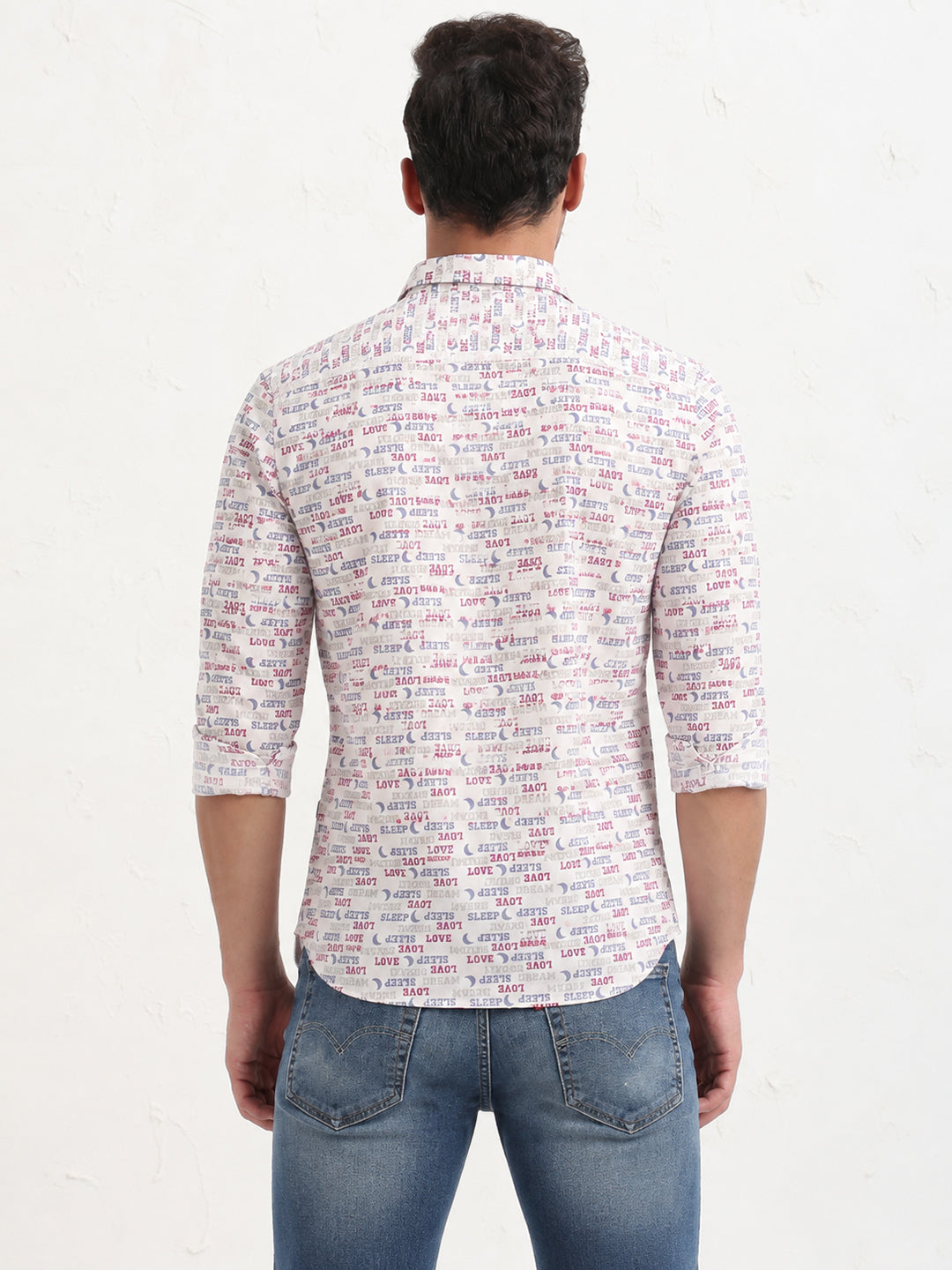 Men’s Pink Typographic Printed Slim Fit Long Sleeves Shirt with Spread Collar