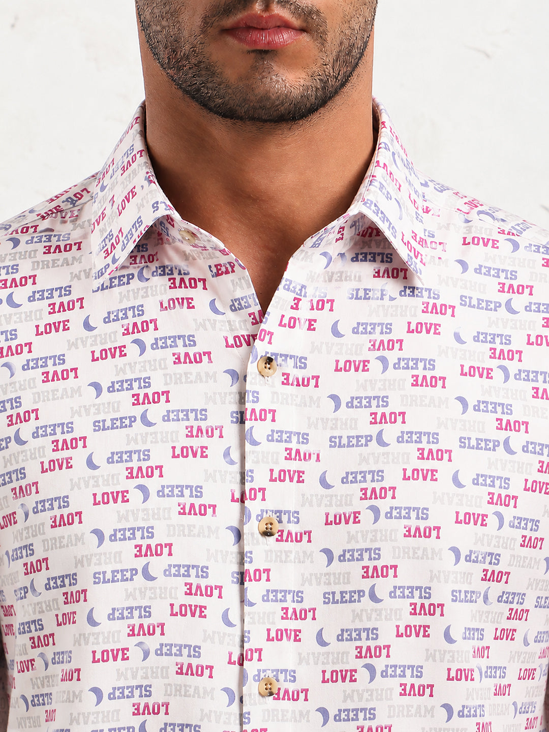 Men’s Pink Typographic Printed Slim Fit Long Sleeves Shirt with Spread Collar