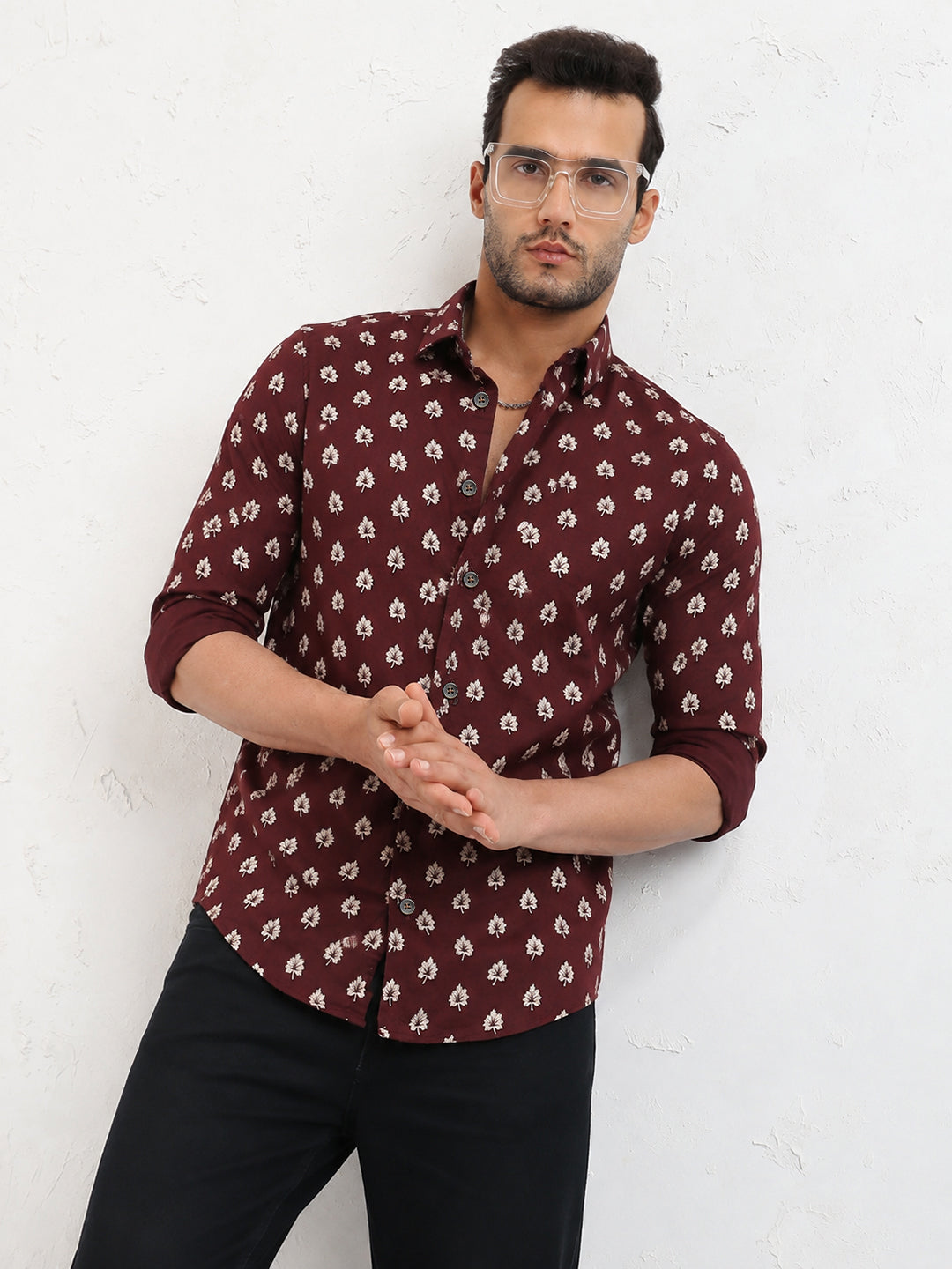 Men's Printed Brown Spread Collar with Long Sleeves Slim Fit Shirt