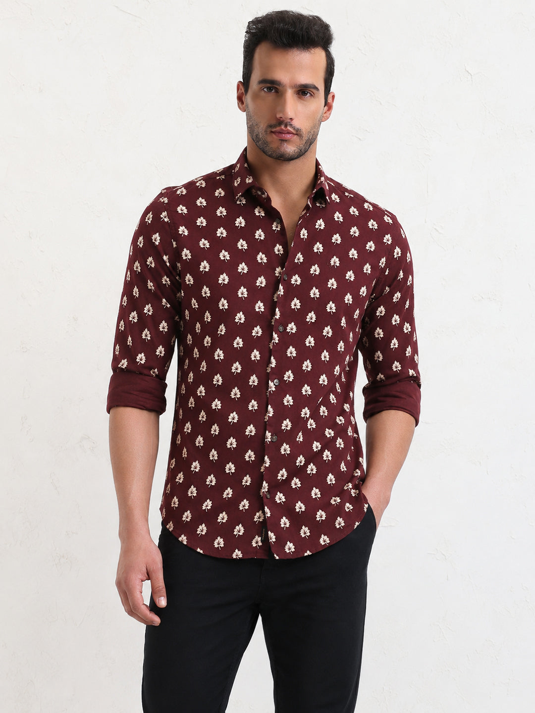Men's Printed Brown Spread Collar with Long Sleeves Slim Fit Shirt